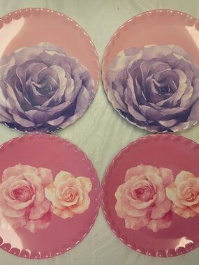 Jolie Fleur Salad Plates Cabbage Roses Spring Pink Melamine Set Of 4 Scalloped